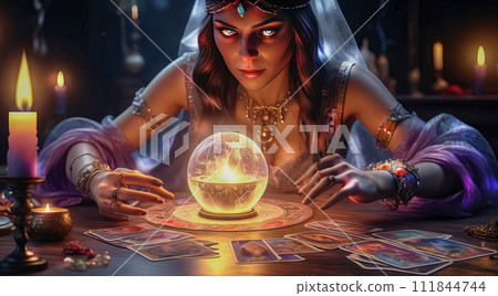 A beautiful mysterious fortune teller with piercing eyes predicts fate on a magic ball 111844744