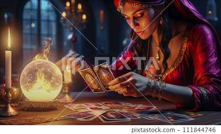 A beautiful mysterious fortune teller with piercing eyes predicts fate on a magic ball A beautiful mysterious fortune teller with piercing eyes predicts fate on a magic ball 111844746