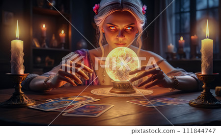 A beautiful mysterious fortune teller with piercing eyes predicts fate on a magic ball 111844747