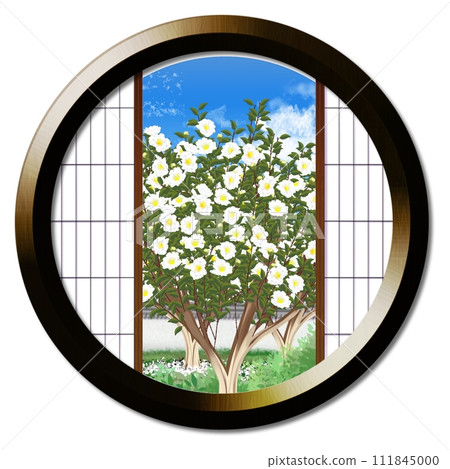 從圓窗可見白色茶梅花的風景 從圓窗可見白色茶梅花的風景 111845000