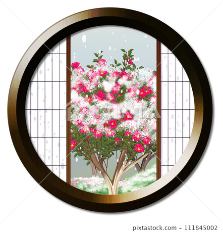 Landscape with snow-covered sasanqua flowers seen from the round window Landscape with snow-covered sasanqua flowers seen from the round window 111845002