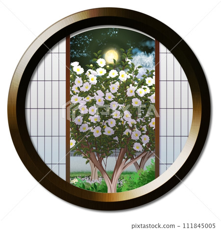 從圓窗看到的月亮照亮的白色茶梅花景觀 111845005