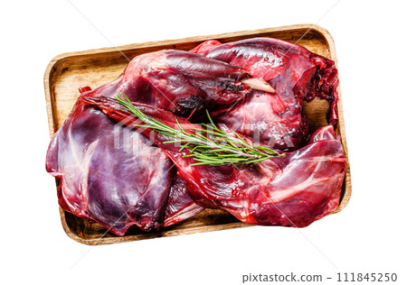 Hare meat. Raw fresh wild hare Isolated on white background. Top view. 111845250