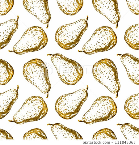 Avocado, pear, seamless pattern. Gold graphic illustration isolated on white background. Design element for covers, wallpaper, wrapping paper, boxes. 111845365