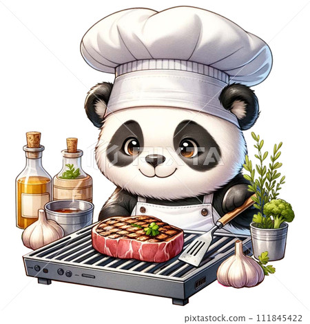 cute panda chef cooking a beef steak watercolor Clipart AI Generate 111845422