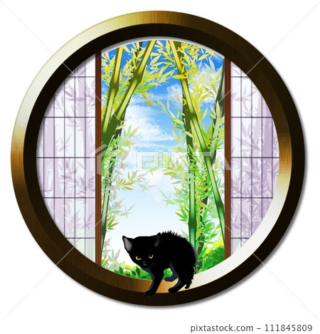 從圓窗可見竹林與小貓 從圓窗可見竹林與小貓 111845809