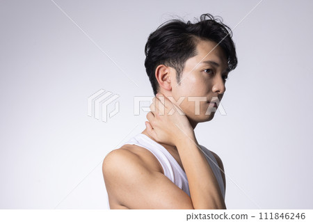 Upper body close-up portrait of a young man with white background 111846246