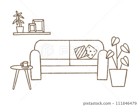 Landscape with sofa, table and houseplant_color 111846479