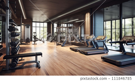 AI-generated content. Modern gym interior with exercise equipment and sunlight 111846785