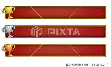 Red-based telop base 3D model with 3 types of gold, silver, and bronze trophies 111846789