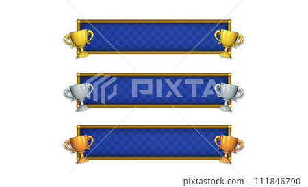 Blue-based caption base with 3 types of gold, silver, and bronze trophies, short, 3D model 111846790