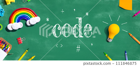 Learn to Code theme with school supplies - flat lay Learn to Code theme with school supplies - flat lay 111846875