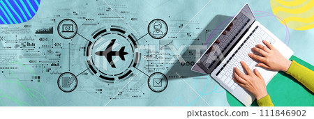 Flight ticket booking concept with person using a laptop Flight ticket booking concept with person using a laptop 111846902