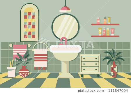 Cozy bathroom. Bathroom interior with bathroom furniture, bathtub, washbasin, towels, mirror, window, house plants. Flat illustration. Vector Cozy bathroom. Bathroom interior with bathroom furniture, bathtub, washbasin, towels, mirror, window, house plants. Flat illustration. Vector 111847004