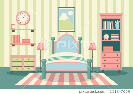 Cozy bedroom. Bedroom interior: bed with pillows, carpet, bedside tables, wardrobe, window. Flat illustration. Vector 111847009