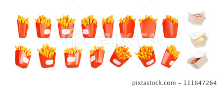 3d french fries in red paper box rotation render. Realistic isolated fast food potato snack with ketchup and cheese sauce in plastic packs animation with sequence rotating element set. 3D illustration 3d french fries in red paper box rotation render. Realistic isolated fast food potato snack with ketchup and cheese sauce in plastic packs animation with sequence rotating element set. 3D illustration 111847264
