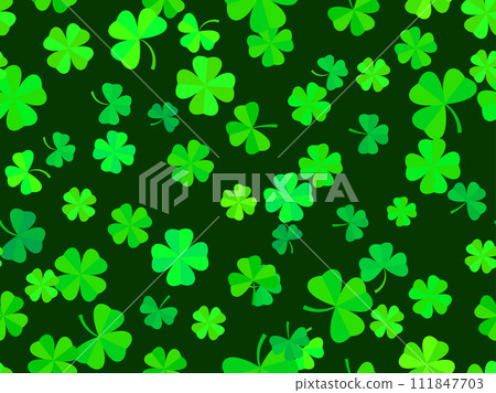 Seamless pattern with green clover leaves for St. Patrick's Day. Trefoil and four-leaf clover is a symbol of good luck. Design for promotional products, cards and prints. Vector illustration 111847703