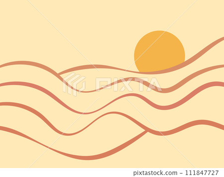Line art landscape in a minimalist style. Wavy landscape with the sun on the horizon. Boho decor for interior design. Mid-century modern decor. Design for banner and poster. Vector illustration Line art landscape in a minimalist style. Wavy landscape with the sun on the horizon. Boho decor for interior design. Mid-century modern decor. Design for banner and poster. Vector illustration 111847727