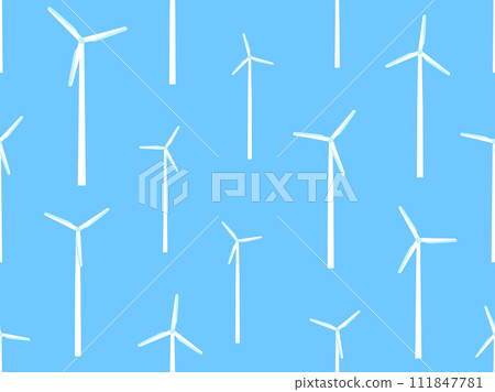 Wind turbines seamless pattern. White silhouettes of wind turbines. Green energy concept, renewable energy, clean electricity production. Eco-friendly wind energy. Vector Illustration Wind turbines seamless pattern. White silhouettes of wind turbines. Green energy concept, renewable energy, clean electricity production. Eco-friendly wind energy. Vector Illustration 111847781