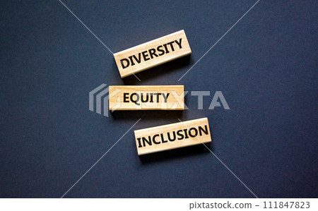 Diversity equity inclusion symbol. Concept words diversity equity inclusion on blocks on beautiful black table black background. Business, diversity equity inclusion concept. Diversity equity inclusion symbol. Concept words diversity equity inclusion on blocks on beautiful black table black background. Business, diversity equity inclusion concept. 111847823
