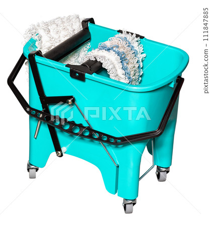 Cleaning tool, turquoise bucket on wheels with an original rag wringing system. Cleaning tool, turquoise bucket on wheels with an original rag wringing system. 111847885