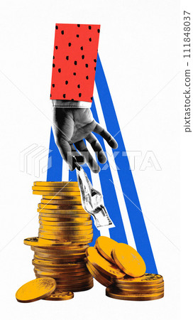 Poster. Modern aesthetic artwork. Hand drops bill into pile of coins, with geometric shapes in background. Economy, transaction. Poster. Modern aesthetic artwork. Hand drops bill into pile of coins, with geometric shapes in background. Economy, transaction. 111848037
