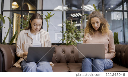 Two female software testers typing on laptops in open space office, modern technology 111848046