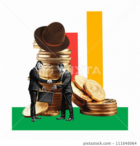 Poster. Contemporary art collage. Two entrepreneurs shaking hands against background with golden coins. 111848064