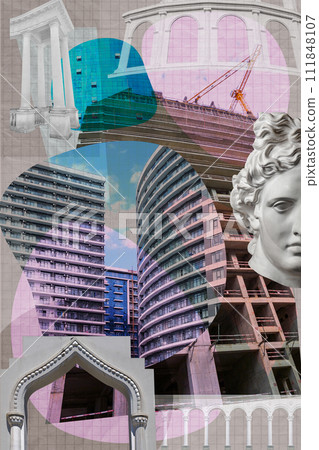 Surreal art collage with elements of classic architectural details, antique statues, new building facades, construction sites. Mixed industrial background of modern and historical architecture. Surreal art collage with elements of classic architectural details, antique statues, new building facades, construction sites. Mixed industrial background of modern and historical architecture. 111848107