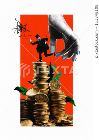 Poster. Contemporary art collage. Hand holds businessman in retro outfit on huge stack of coins which growth in as plant. Poster. Contemporary art collage. Hand holds businessman in retro outfit on huge stack of coins which growth in as plant. 111848109