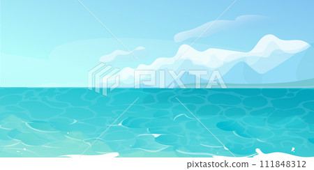 Ocean summer beach sea seashore, coastline with mountains on horizon. Seaside landscape, tropical beach landscape 111848312