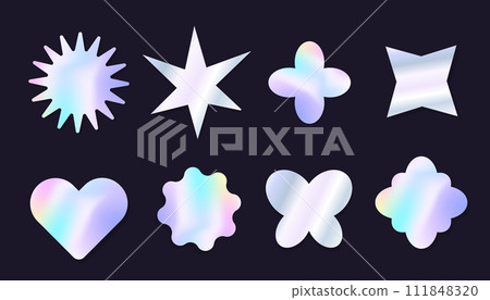 Holographic y2k future metal badge, stamp, trendy colored sticker set heart and abstract shapes. Silver foil tag collection Holographic y2k future metal badge, stamp, trendy colored sticker set heart and abstract shapes. Silver foil tag collection 111848320