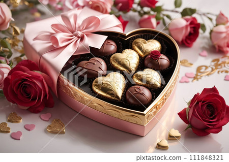 Valentine's Day Heart-Shaped Luxury Gift Box of heart-shaped Chocolates and Red  and Pink Roses. 111848321