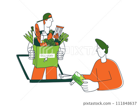 Grocery courier delivering online shop order background pattern. 111848637