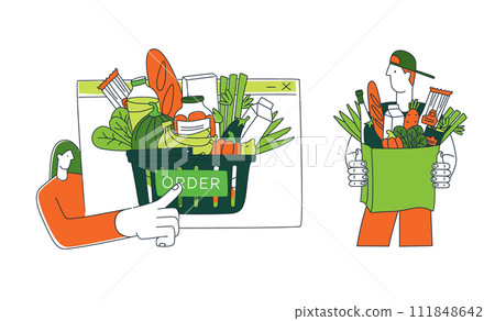 Grocery courier delivering online shop order background pattern. Grocery courier delivering online shop order background pattern. 111848642