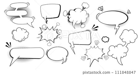 Set pow bubble speech comic expression frame cartoon doodle isolated on white background. Boom explode effect, halftone decoration, Set pow bubble speech comic expression frame cartoon doodle isolated on white background. Boom explode effect, halftone decoration, 111848847