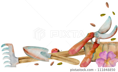 Hand drawn watercolor illustration spring gardening tools, cutting shears, shovel, rake, wooden flower box. Horizontal frame isolated on white background. Design print, shop, scrapbooking, packaging 111848850