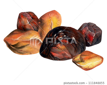 Hand drawn watercolor illustration precious semiprecious jewel gem crystal chakra birth stone. Amber garnet sunstone. Composition isolated on white background. Design print, shop, jewelry, fashion 111848855