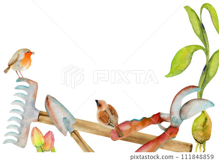 Hand drawn watercolor illustration spring gardening tools shovel rake cutting shears, birds robin sparrow, green sapling. Horizontal frame isolated on white background. Print, shop, scrapbooking Hand drawn watercolor illustration spring gardening tools shovel rake cutting shears, birds robin sparrow, green sapling. Horizontal frame isolated on white background. Print, shop, scrapbooking 111848859