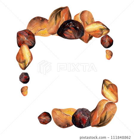 Hand drawn watercolor illustration precious semiprecious jewel gem crystal chakra birth stone. Amber garnet sunstone. Square frame isolated on white background. Design print, shop, jewelry, fashion Hand drawn watercolor illustration precious semiprecious jewel gem crystal chakra birth stone. Amber garnet sunstone. Square frame isolated on white background. Design print, shop, jewelry, fashion 111848862