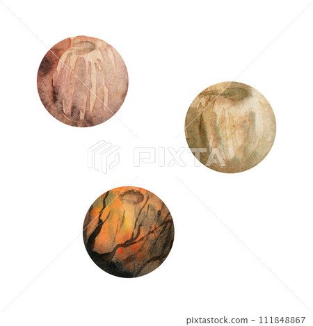 Hand drawn watercolor illustration precious semiprecious jewel gem crystal chakra birth stone. Wooden agate beads. Set of objects isolated on white background. Design print, shop, jewelry, fashion Hand drawn watercolor illustration precious semiprecious jewel gem crystal chakra birth stone. Wooden agate beads. Set of objects isolated on white background. Design print, shop, jewelry, fashion 111848867