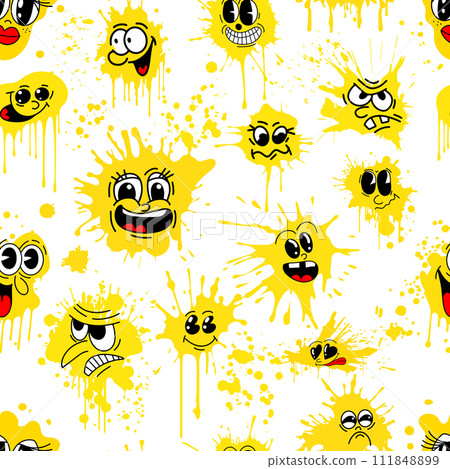 Seamless background emoticons . Set of blots yellow faces of people. hand drawing. Not AI. Vector illustration 111848899
