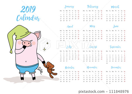 Calendar 2019 and Funny and cute pig in hat and  with teddy bear 111848976