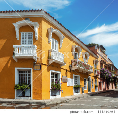 Heritage town Cartagena de Indias, beautiful colonial architecture in most beautiful town in Colombia. 111849261