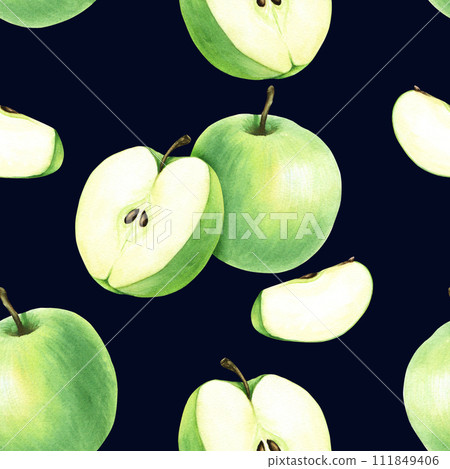 Watercolor seamless pattern with green fruit apple. Hand drawn food illustration. For wrapping wallpaper fabric textile Watercolor seamless pattern with green fruit apple. Hand drawn food illustration. For wrapping wallpaper fabric textile 111849406