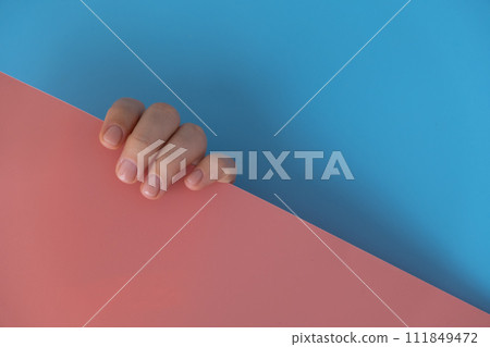 Stylish nude beige female nails on blue pink background. Modern trendy stylish Beautiful manicure. Cute pastel nail minimalistic design concept of beauty treatment. Gel nails. Skin care Stylish nude beige female nails on blue pink background. Modern trendy stylish Beautiful manicure. Cute pastel nail minimalistic design concept of beauty treatment. Gel nails. Skin care 111849472