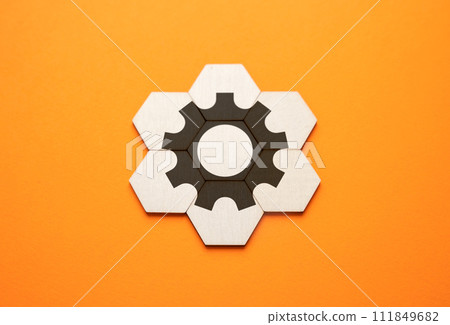 The component parts form the mechanism. Cooperation and collaboration. Creating something new. Contribution to the common cause. 111849682