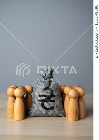 People and ukrainian hryvnia money bag. Financial support. Social politics. Deposits and loans. Salaries and pensions. Social payments. Crowdfunding and fundraising. Organization of budget. 111849696