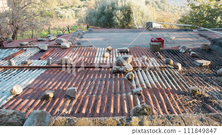 Asbestos Sheet Metal Roof Of An House 111849847
