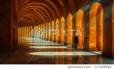 Person Walking in a Luminous Archway-filled Hallway 111849848
